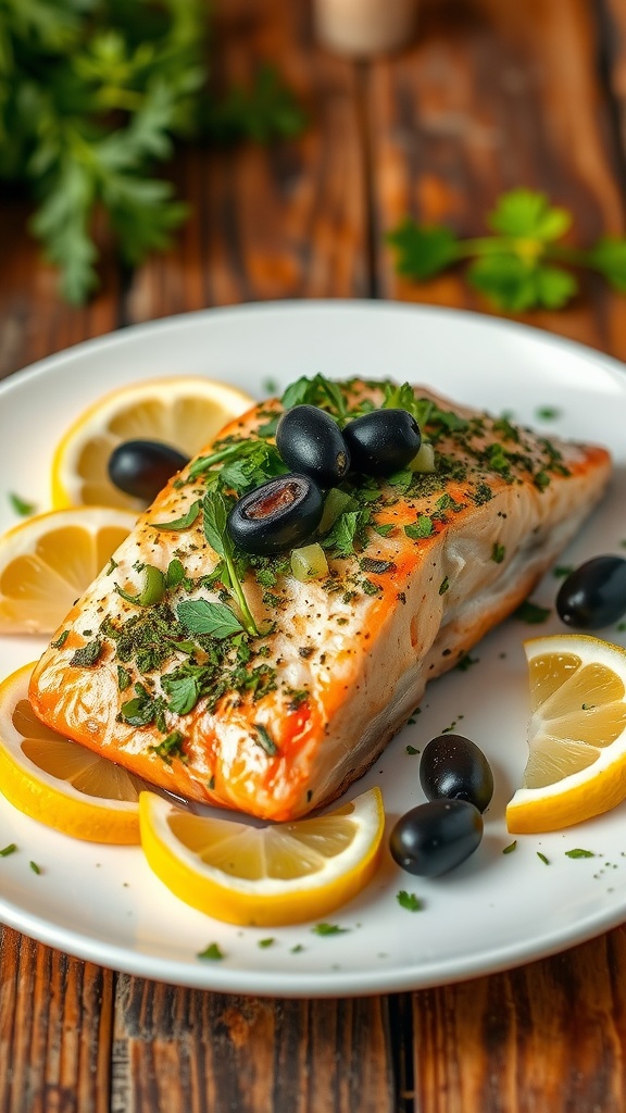 A serving of herb-crusted salmon garnished with olives and lemon wedges on a rustic table.